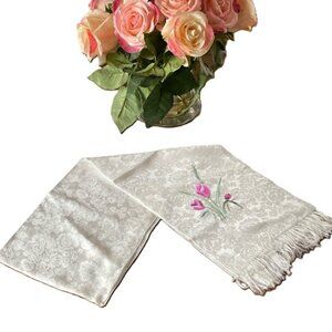 NWOT Elegant White Scarf with Pink Floral Embroidery